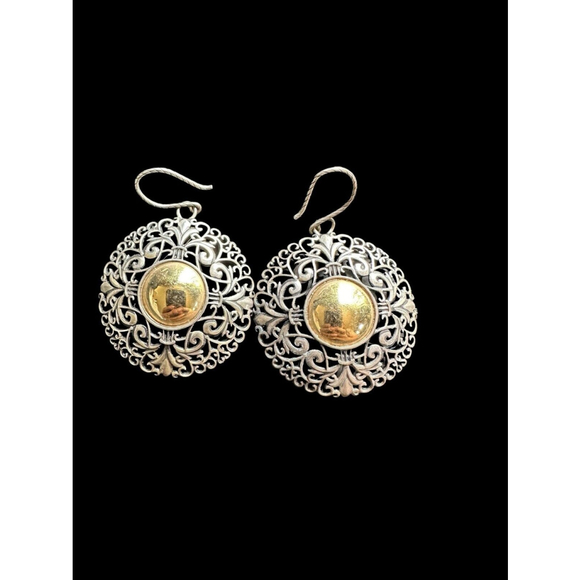 Sterling Silver & 14k Gold Ornate Filigree Drop Dangle Earrings & Pendant - Picture 2 of 9